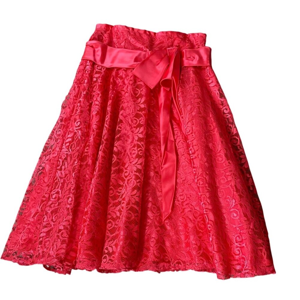 Vintage Pink Lace Midi Skirt Satin Ribbon Belt & Floral Pattern Homemade
